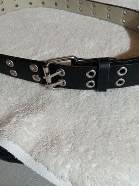 Black Double-Prong Grommet Belt with Silver Hardware